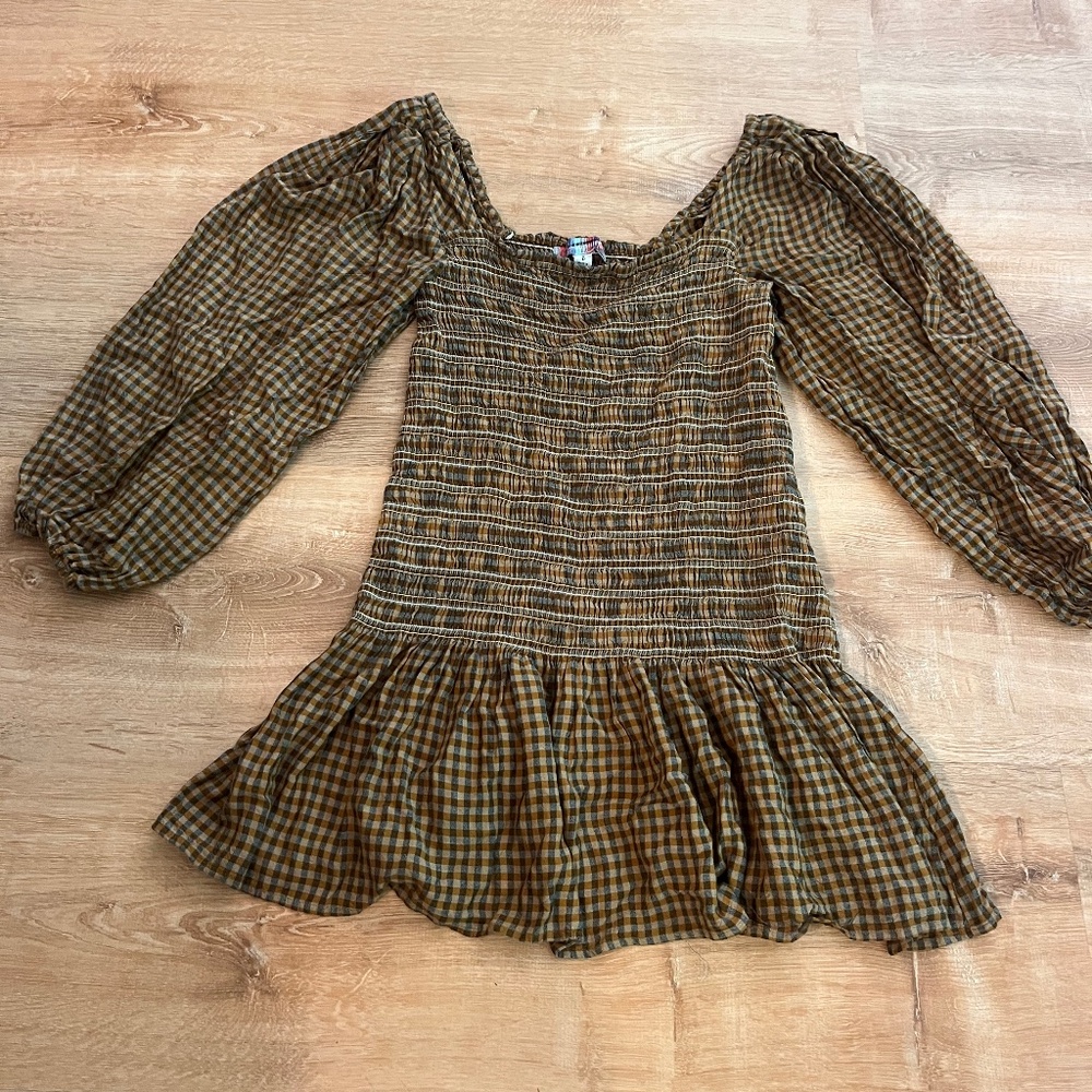 Urban Outfitters Ruched Longsleeve Mini Dress Gingham S